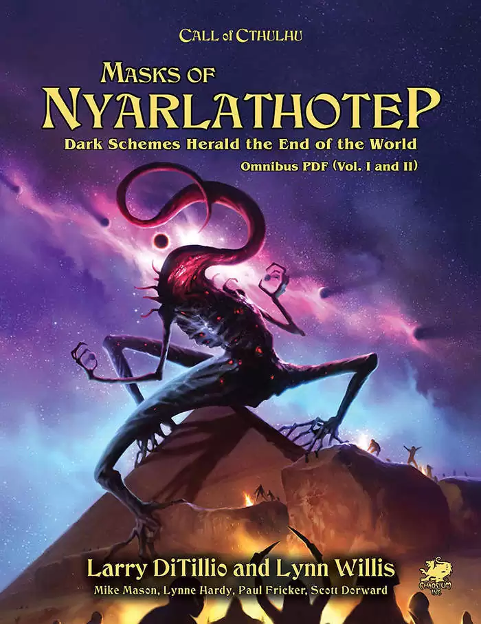 The cover of the Masks of Nyarlathotep depicts the titular evil god standing on a pyramid. A rift into time and space opens behind him.